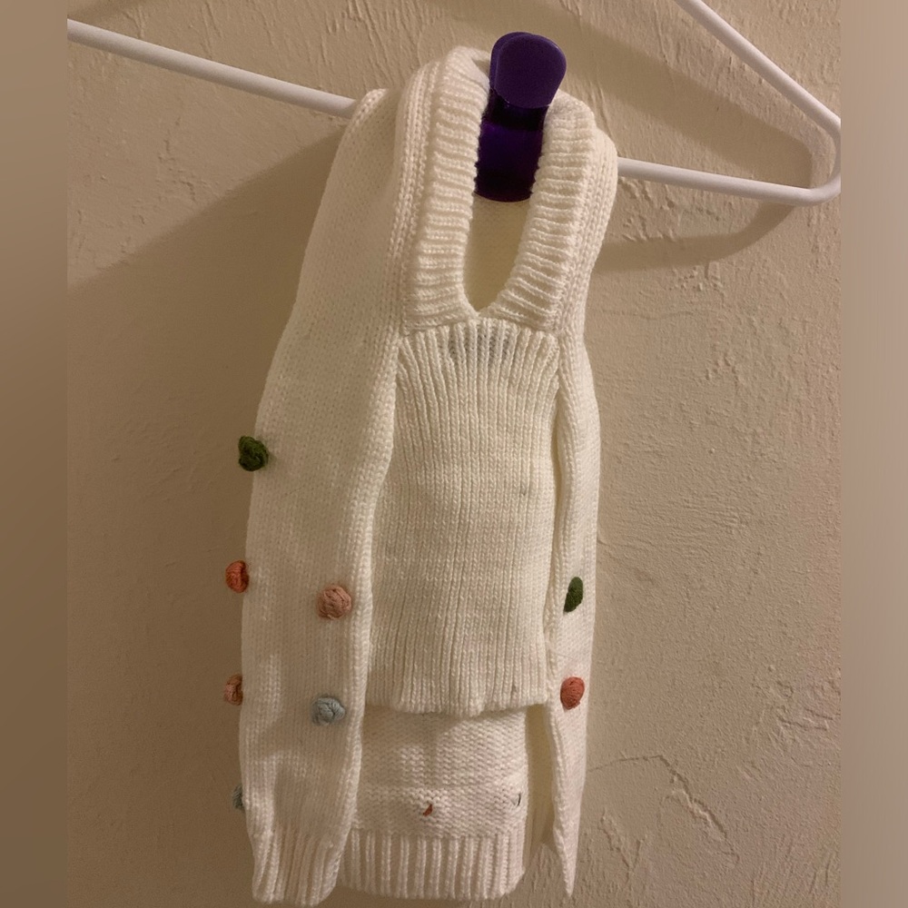White pom pom sweater with hood to keep your pup warm and cute! Size small